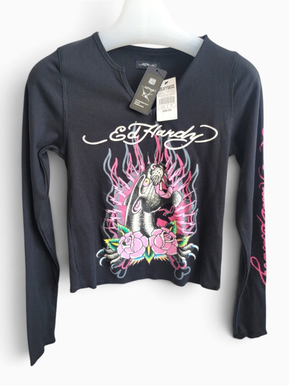 Ed Hardy NWT Panther Roses Thermal Top M Black Y2K Mall Goth Tattoo Graphic